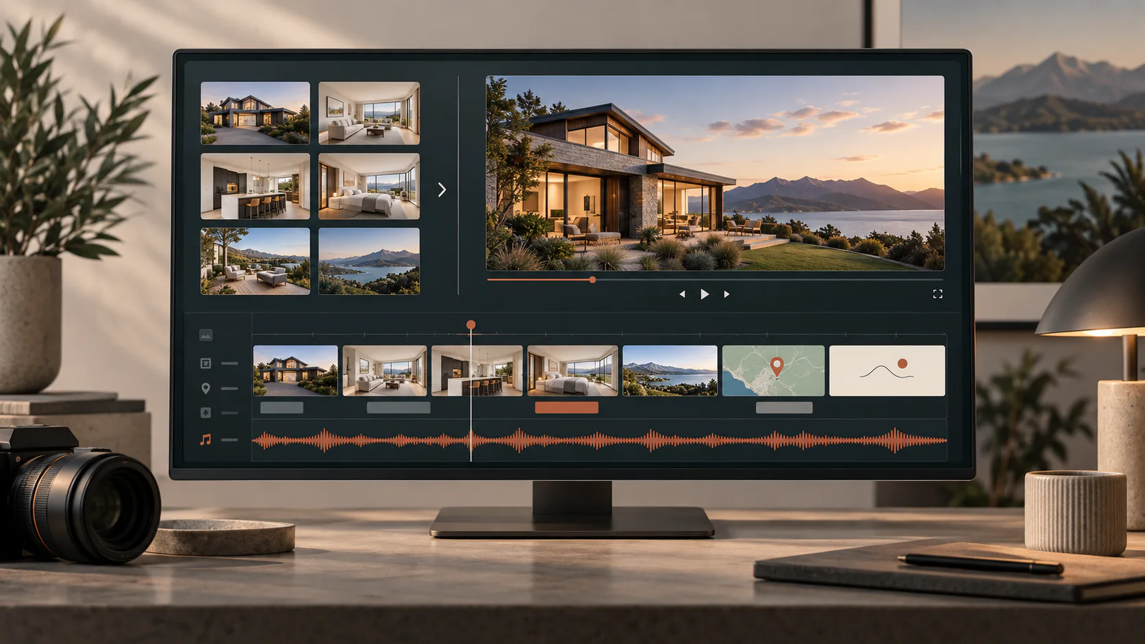 A professional property video edit with listing photos, a map, branding and music arranged on a timeline