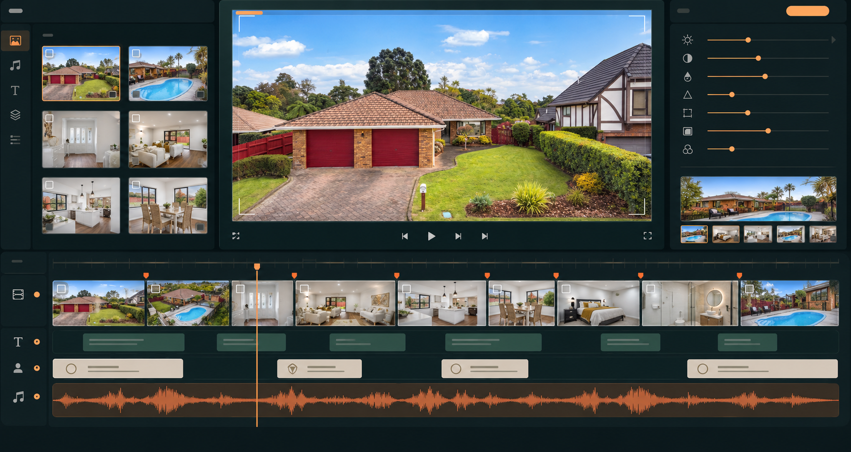 A property video editing timeline with listing photos, captions, branding and music
